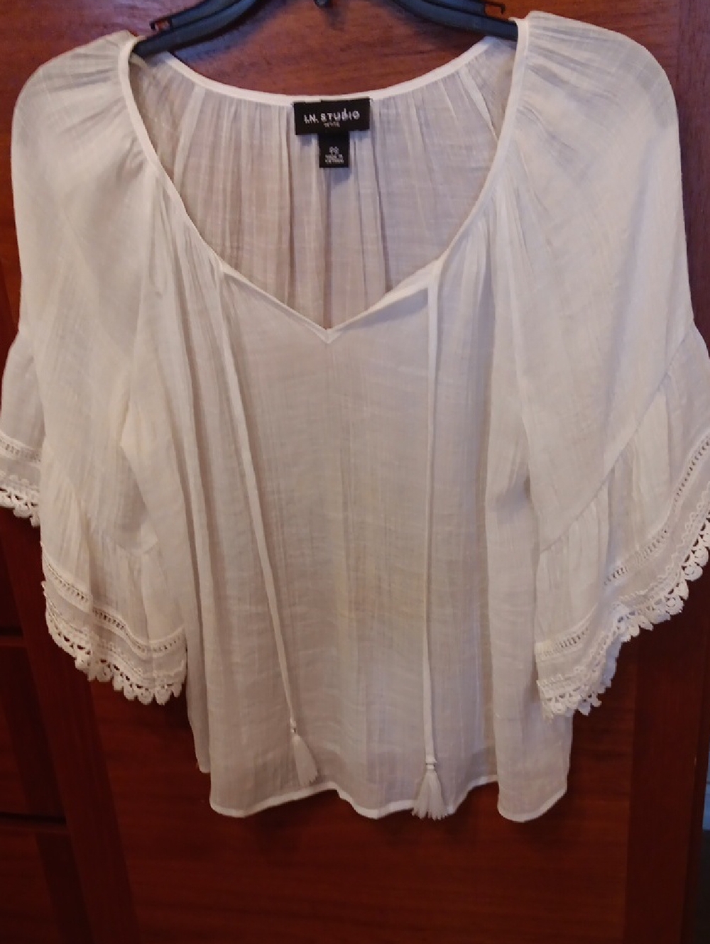 I.N. Studio White Boho Tie-Front Peasant Top
